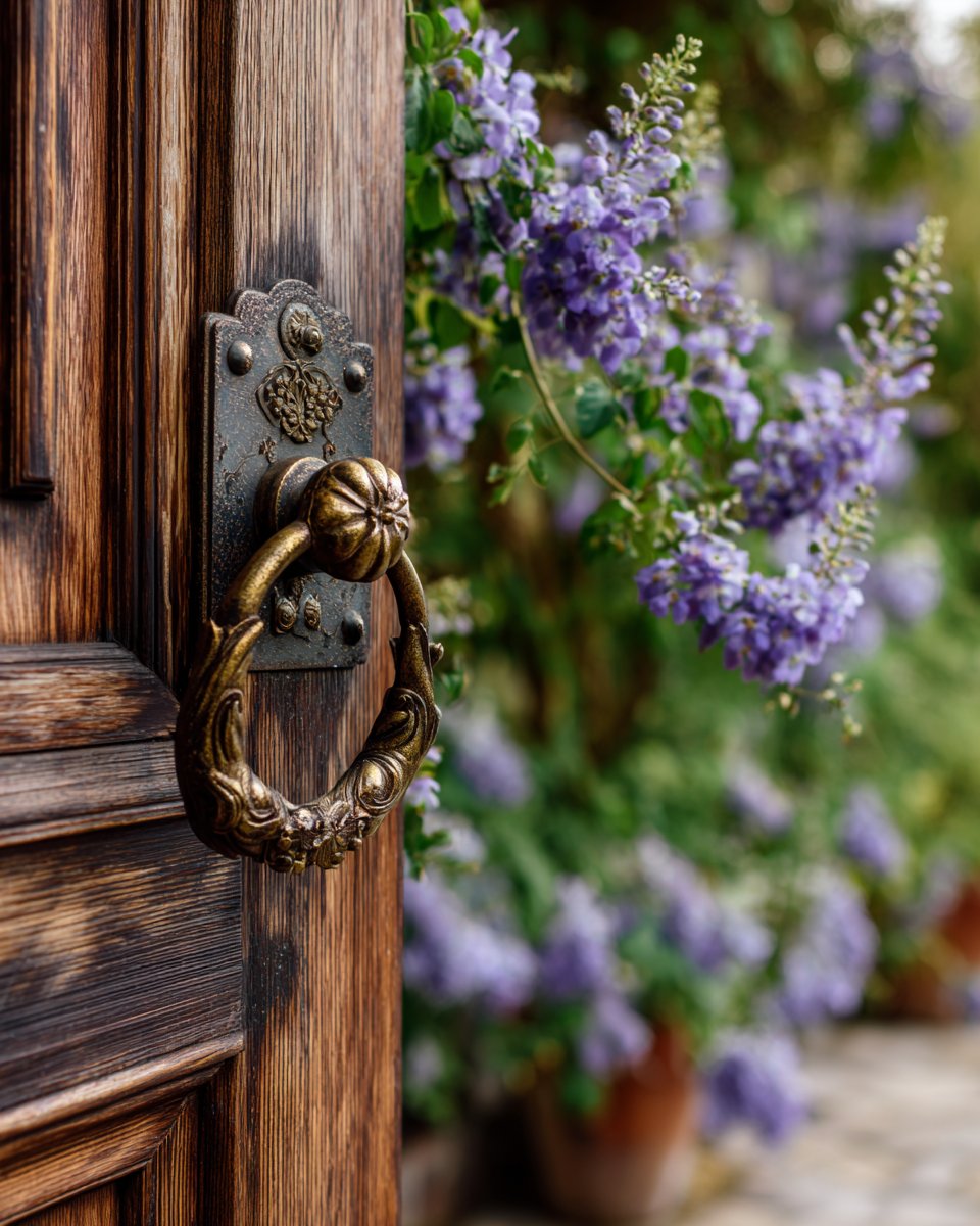 Weathered wooden door with an ornate brass knocker beside blooming purple flowers.