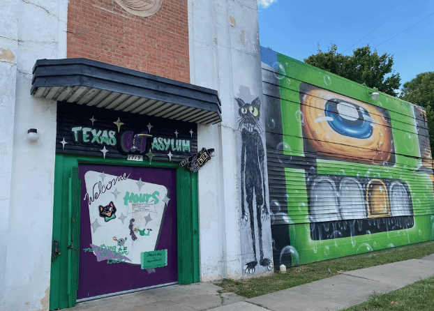 Texas Art Asylum storefront with a purple entrance and colorful eye mural.
