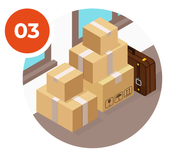 Tip 03: stacked moving boxes beside a suitcase.