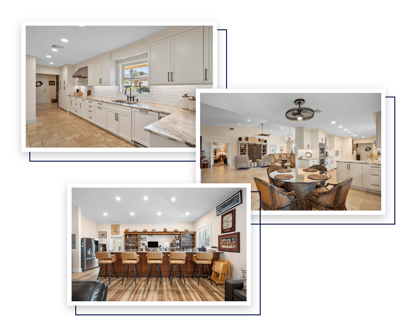 Renovated Palm City home interior: white shaker kitchen, open dining and living area, and family room wet bar