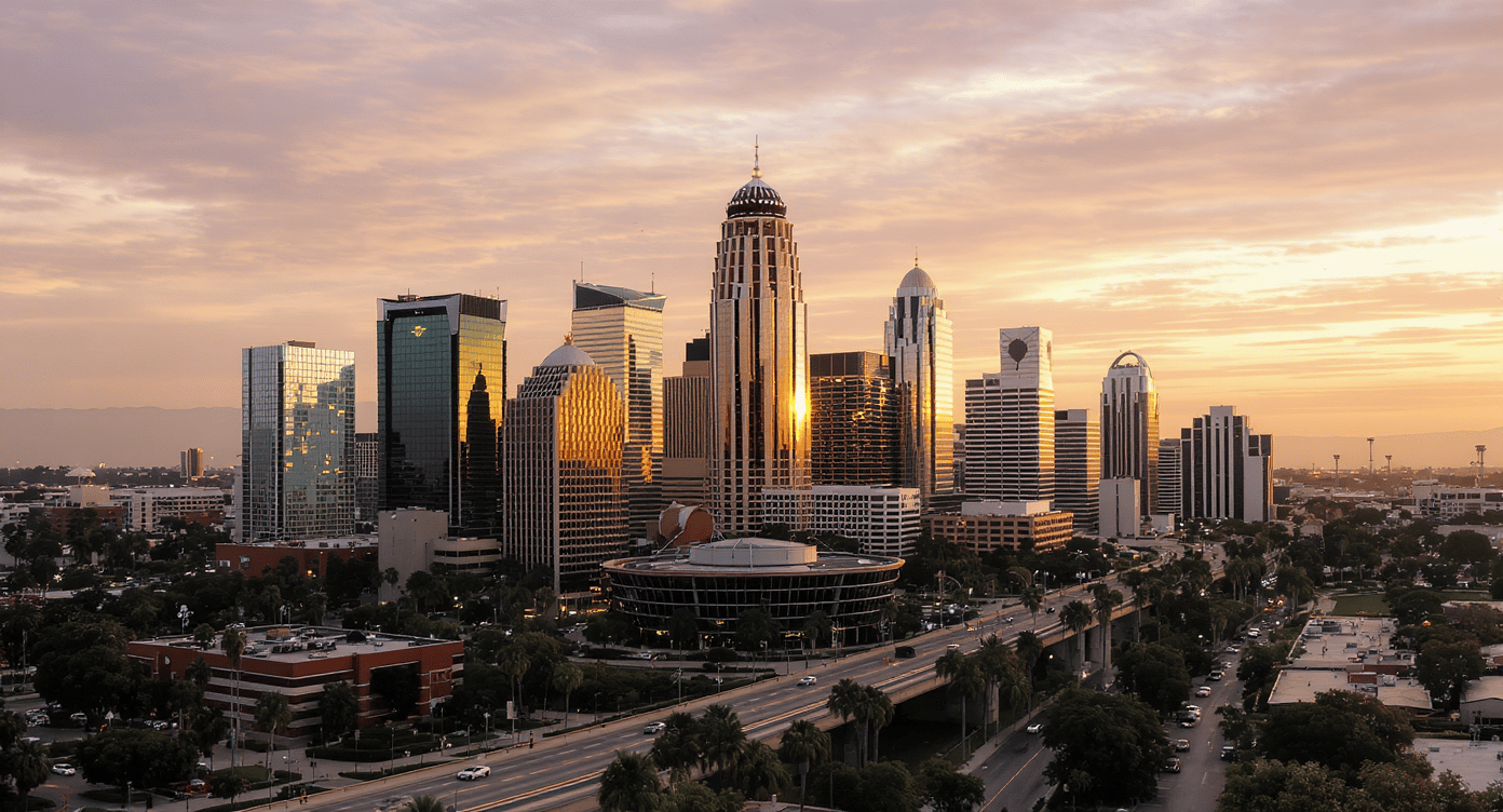 Downtown Los Angeles skyline at sunset, with high-rises and palm-lined streets.