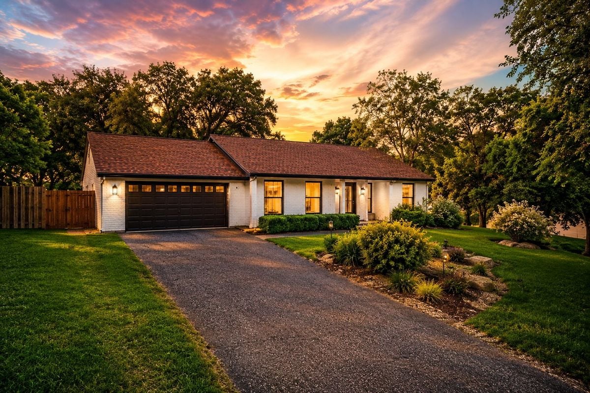 Single-story white brick home with dark garage, landscaped yard, and long driveway at sunset.