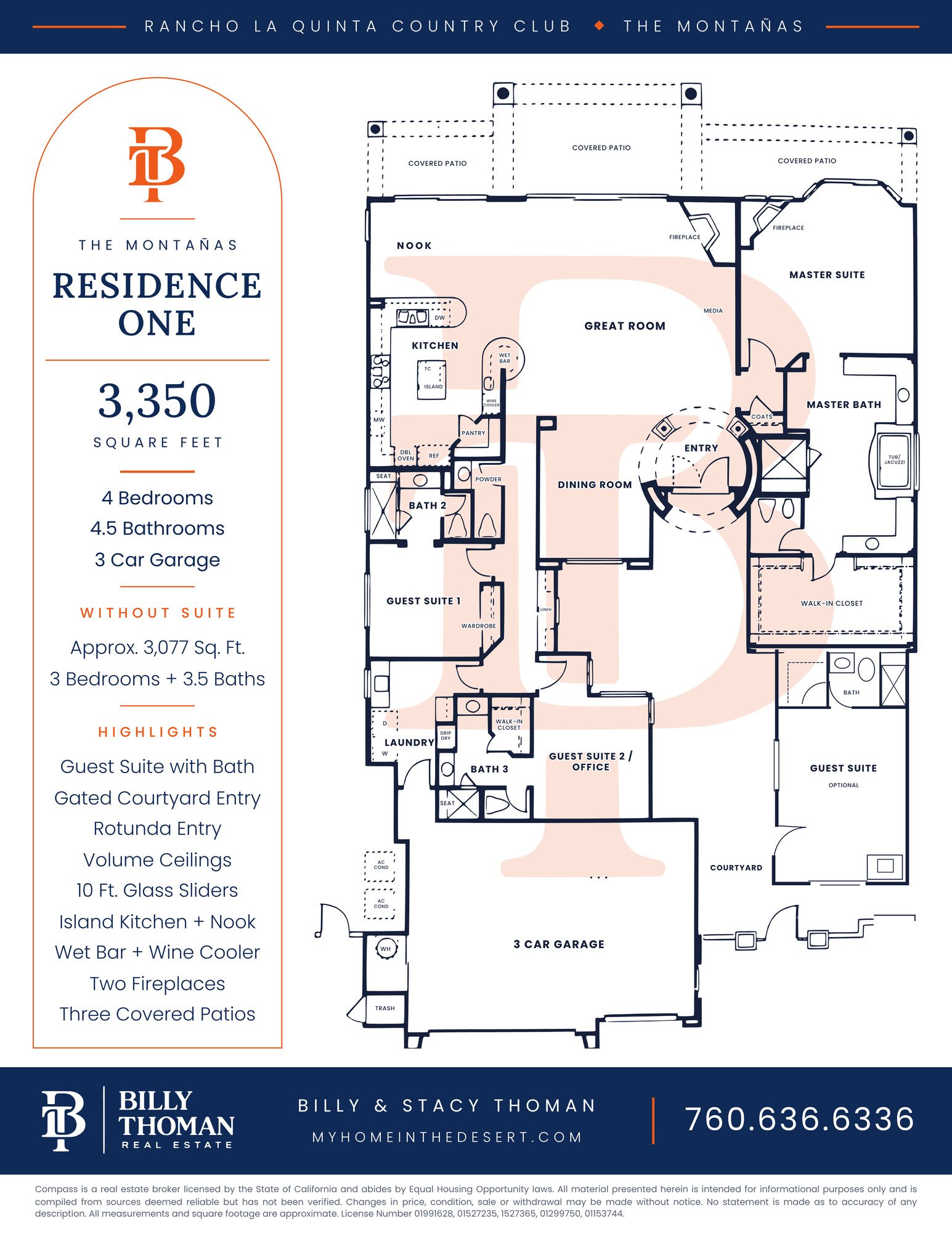 Rancho La Quinta Country Club Montanas Residence One floor plan with guest suite, 4 bedroom 4.5 bath 3,350 sq ft single story home