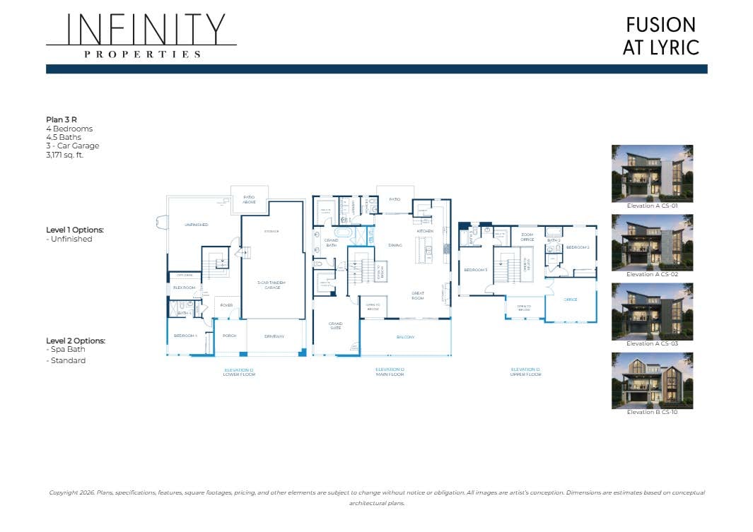 Fusion at Lyric Plan 3 R floor plans with four exterior elevation renderings.