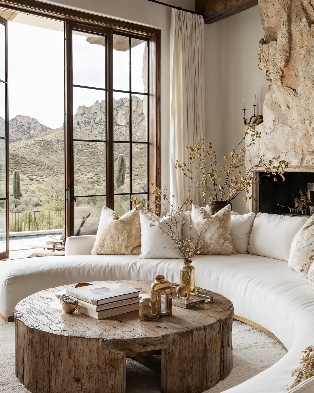 Luxury living room with natural wood, textured stone, expansive windows, and mountain views, highlighting the relationship between architecture, materials, and design.
