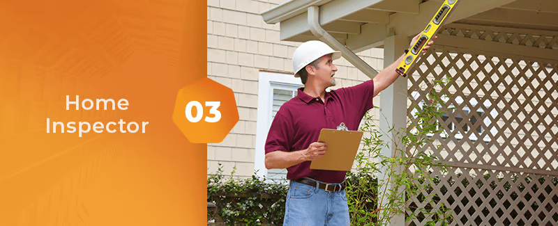 Home inspector checks a house exterior with a level; orange panel reads “Home Inspector 03.”