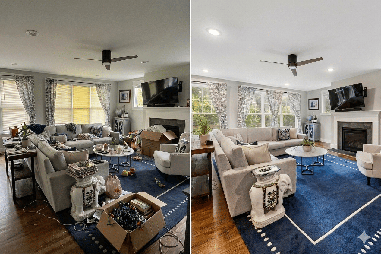 Living room before and after preparation and professional photography