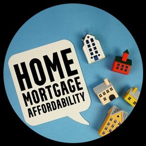 Home mortgage affordability graphic with house illustrations.