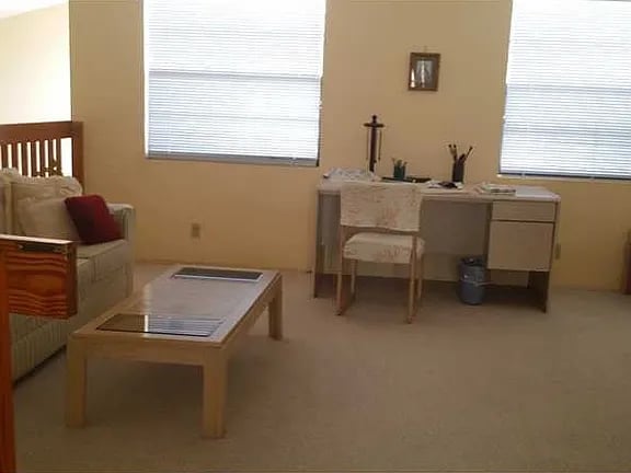 Furnished room with a sofa, coffee table, and desk beneath two windows.