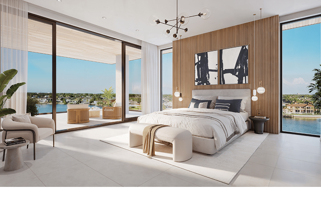 Rendering of a master bedroom with water views at 3300 Gulf Shore, Naples