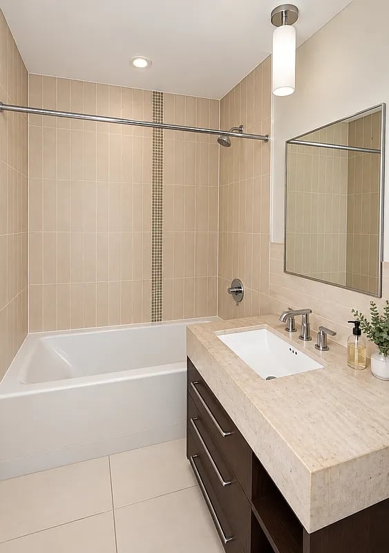 Modern bathroom with beige tile, a white bathtub, and a dark wood vanity with a pale stone counter.