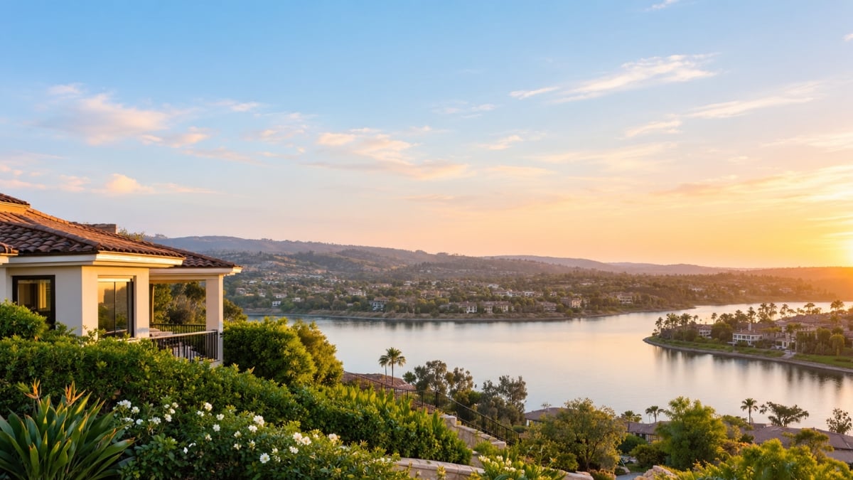 Hillside home and garden overlooking a lake at sunset, with distant hills and a palm-lined shore.