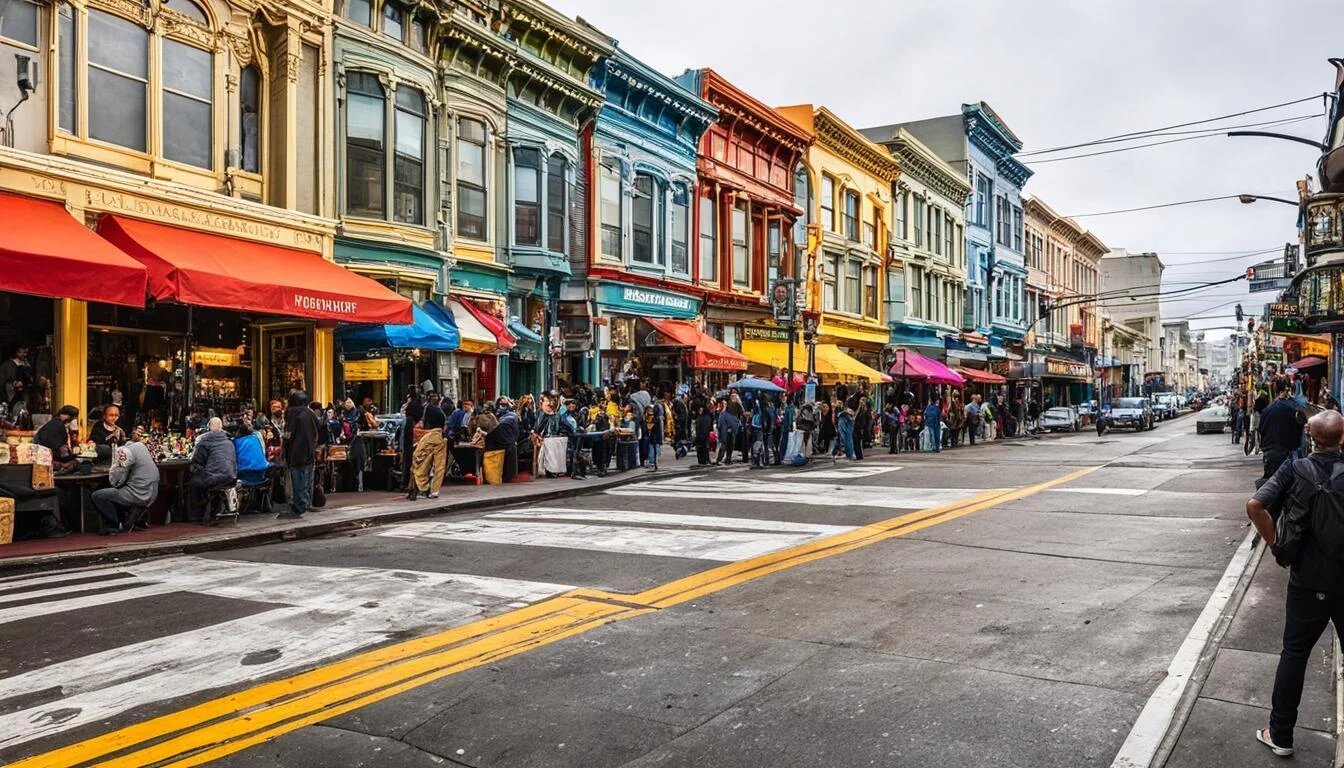 People strolling along Fillmore Street, carrying shopping bags from various high-end boutiques, with the street lined with trees and stylish storefronts.