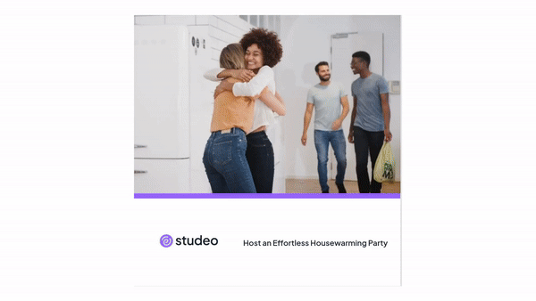 Animated preview of a digital housewarming party guide featuring friends arriving, hugging, and celebrating in a new home setting.