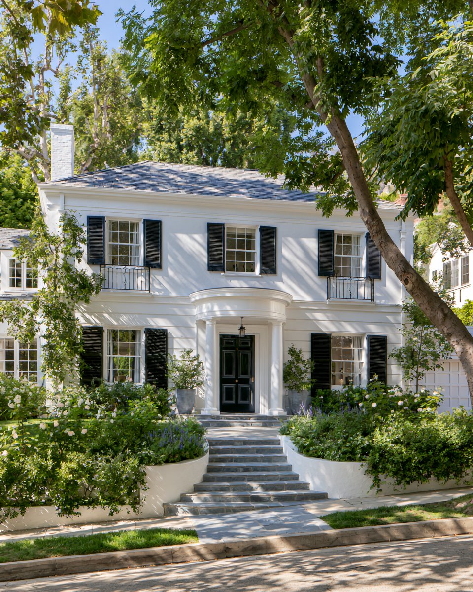 White two-story house with black shutters, a curved entry portico, stone steps, and a lush front garden.