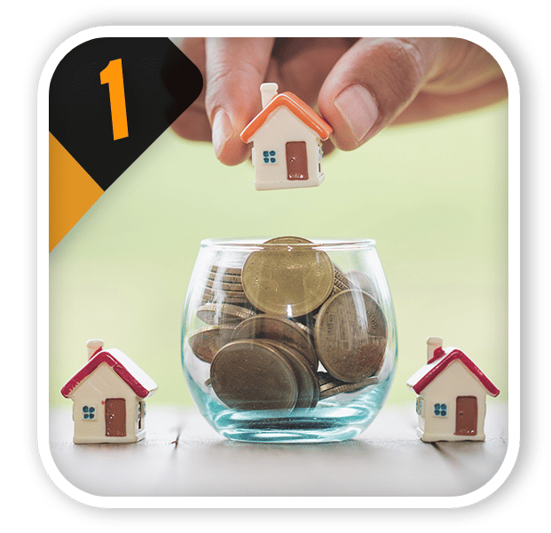 Number 1 illustration of miniature houses and a hand placing one above a jar of coins.
