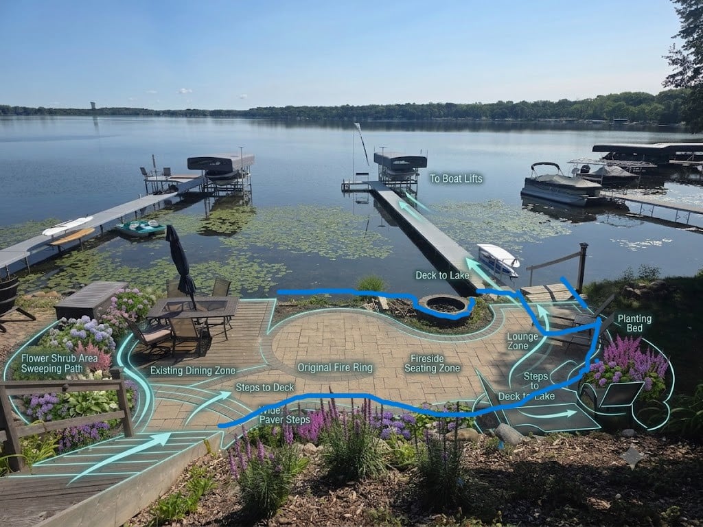 Lakeside backyard with a curved patio, garden beds, outdoor seating, and a path leading to the lake.