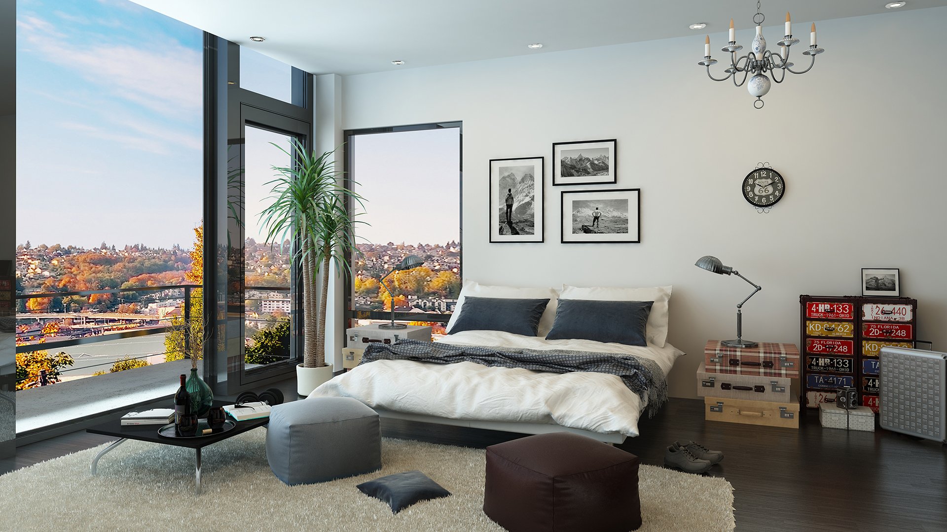 Modern bedroom with a low bed and large windows overlooking an autumn cityscape.