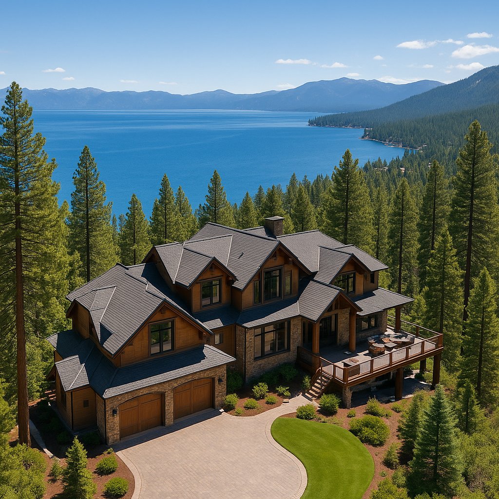 Aerial drone photograph of a luxury home in Incline Village with Lake Tahoe in the background