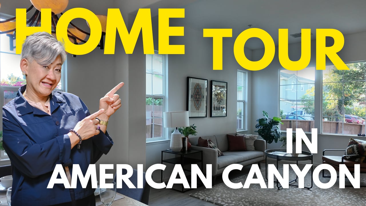 American Canyon home tour graphic with a woman pointing toward a bright living room.