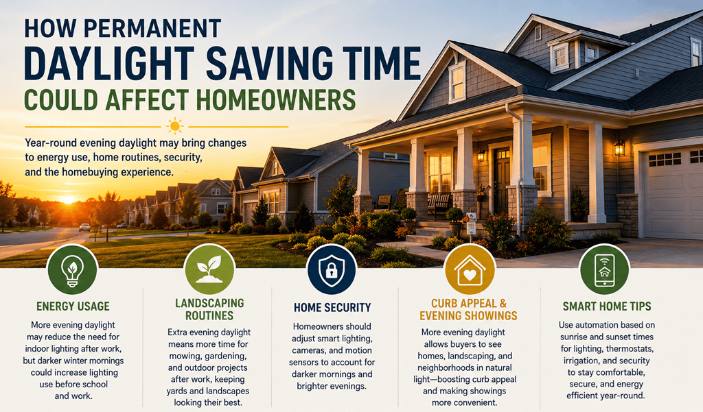 Infographic on permanent daylight saving time and homeowners, with a suburban neighborhood at sunset and five practical tip sections.