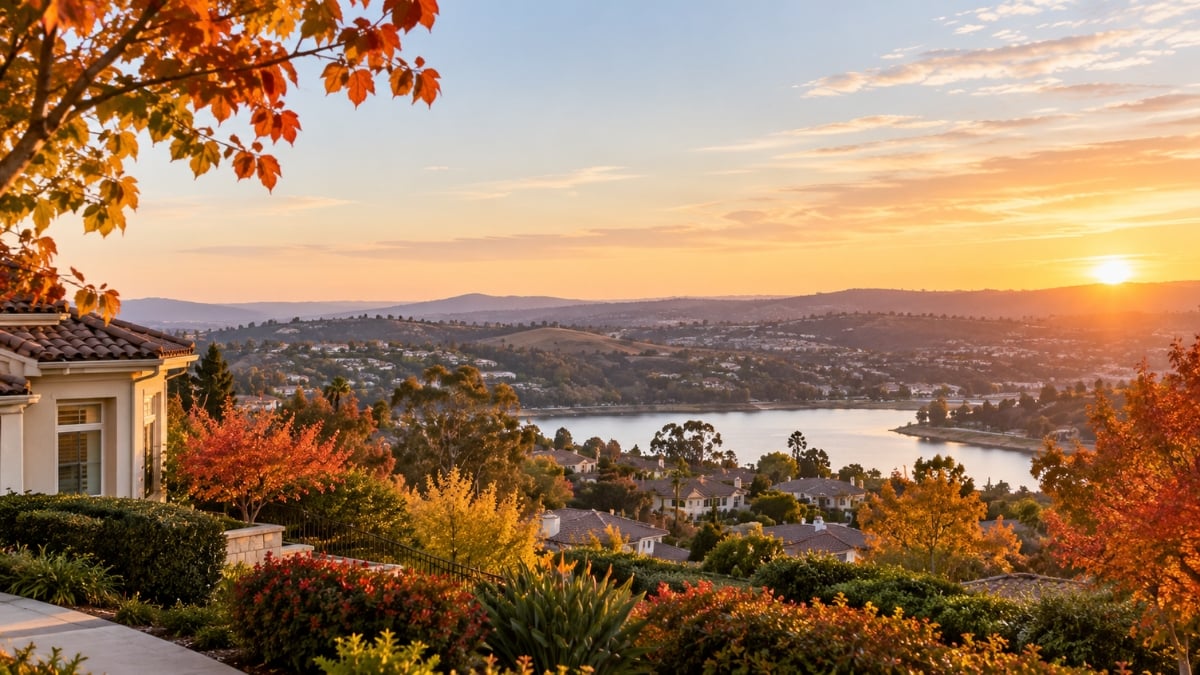 Autumn garden and home overlooking a lake and rolling hills at sunset.