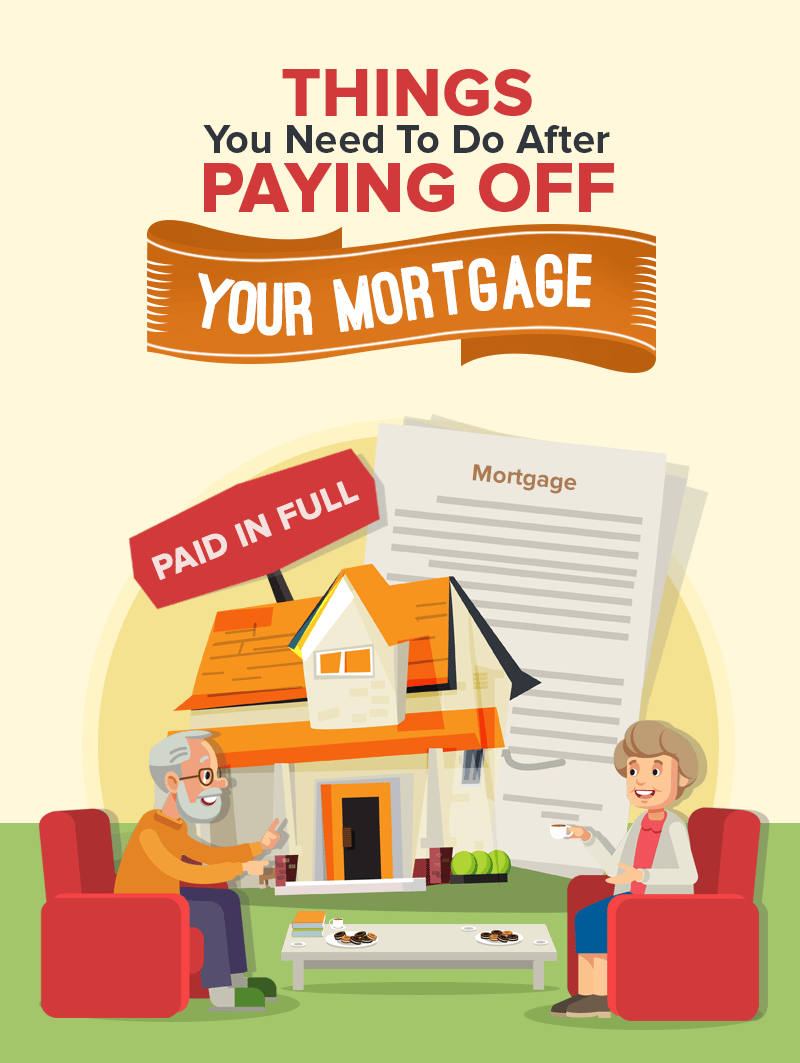Illustration of an older couple beside a house marked paid in full, with a mortgage document behind it.
