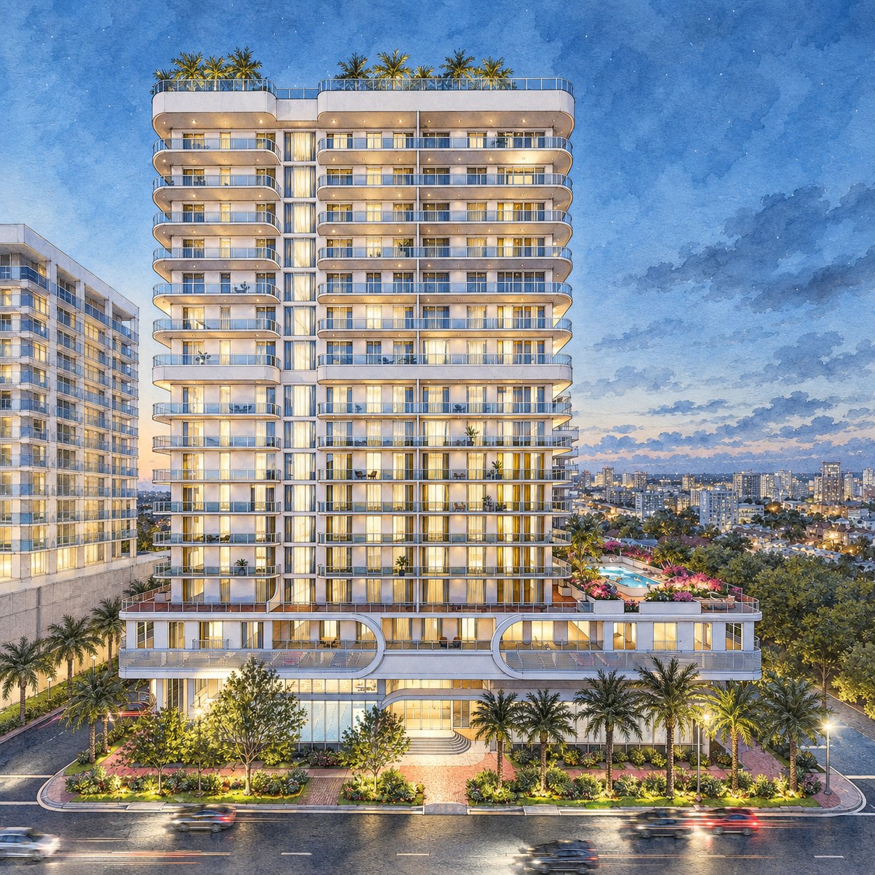 Saravela Sarasota condominium tower with curved balconies, landscaped grounds, and a pool at dusk.