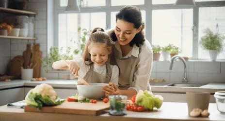 Mom smiling in a beautiful kitchen with kids around, symbolizing joy, comfort, and functional home features for Mother’s Day