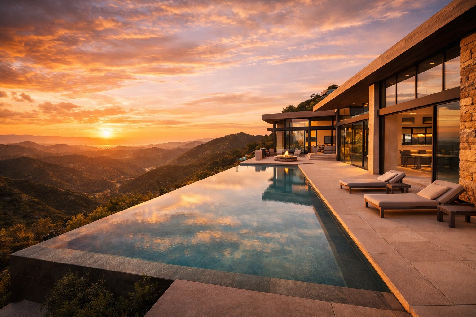 Modern luxury home in Santa Monica Mountains with infinity pool overlooking scenic rolling hills at sunset