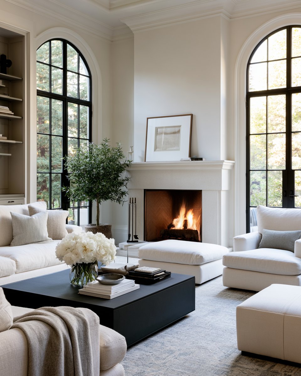 Living room with a white fireplace, tall arched windows, and white sofas around a dark coffee table.