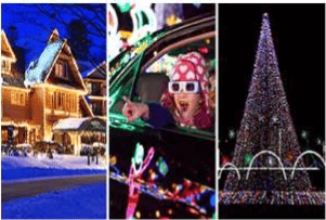 Holiday lights in the High Country, with a snowy village, visitor, and towering Christmas tree.
