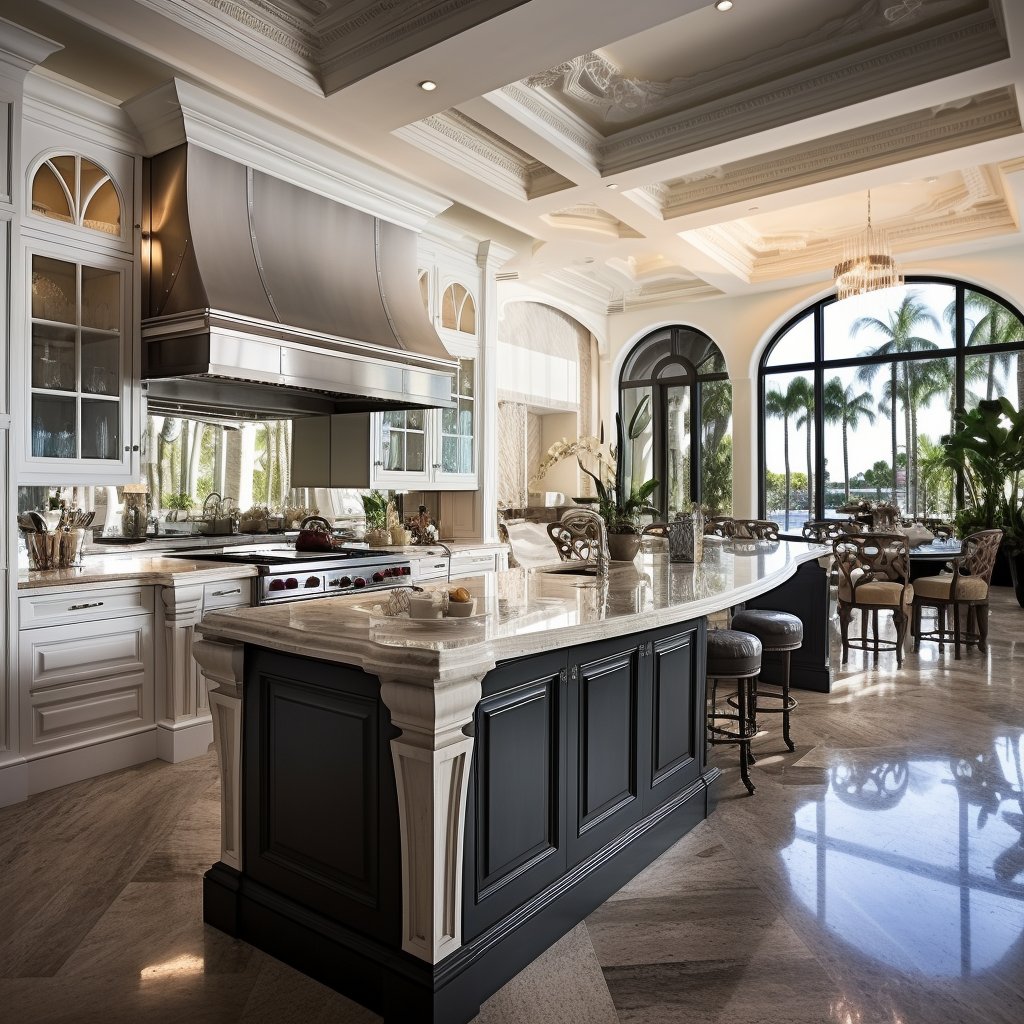Luxury kitchen with a large stone-topped island, ornate ceiling, and arched windows overlooking palm trees and water.