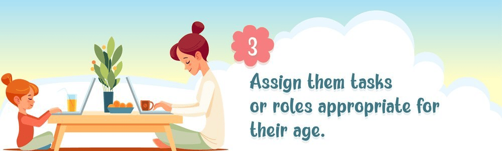Mother and child sit at a table beside advice to assign children age-appropriate home-buying tasks.