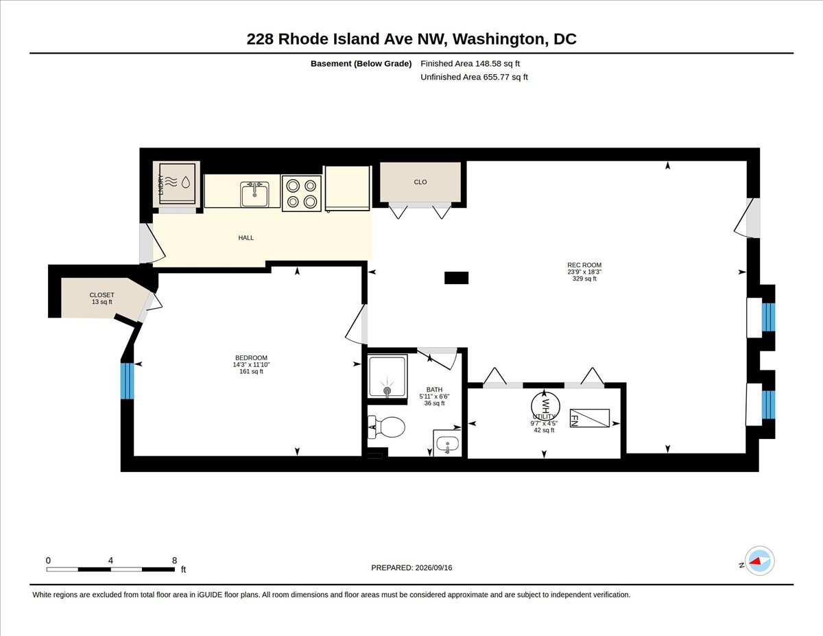 Basement floor plan showing a bedroom, bathroom, utility room, and recreation room.