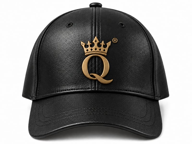Black leather-look baseball cap with a gold crowned Q emblem.
