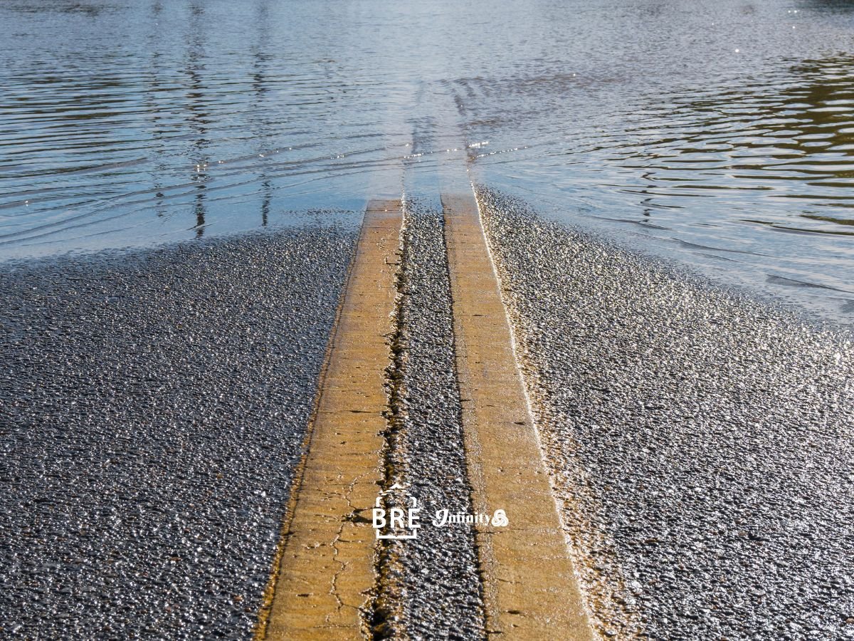 Concrete boat launch ramp extending into rippling water.