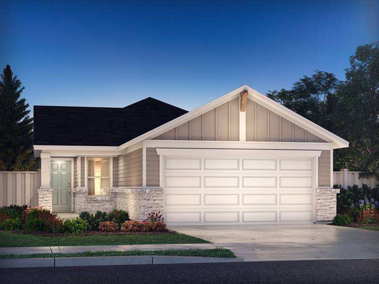 Single-story house with stone accents, a white double garage door, and landscaped front beds.