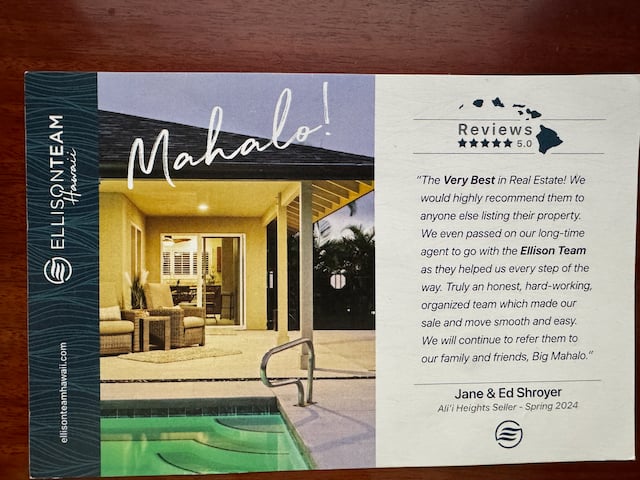 Ellison Team Hawaii seller testimonial flyer with a home-and-pool photo and five-star review.