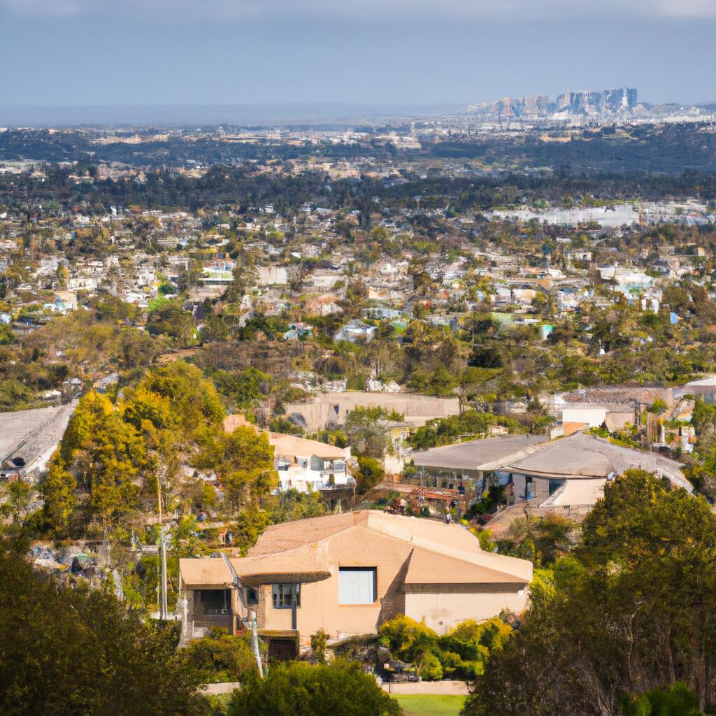 Hillside view of Emerald Hills, San Diego, showing single-family homes surrounded by trees with downtown skyline in the background—ideal for buyers seeking space, views, and value.