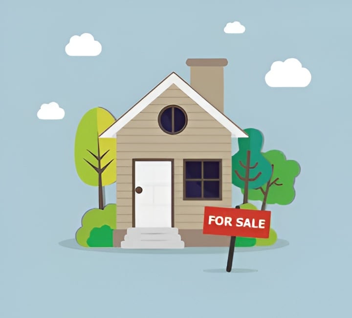 Illustration of a small house with a red FOR SALE sign.
