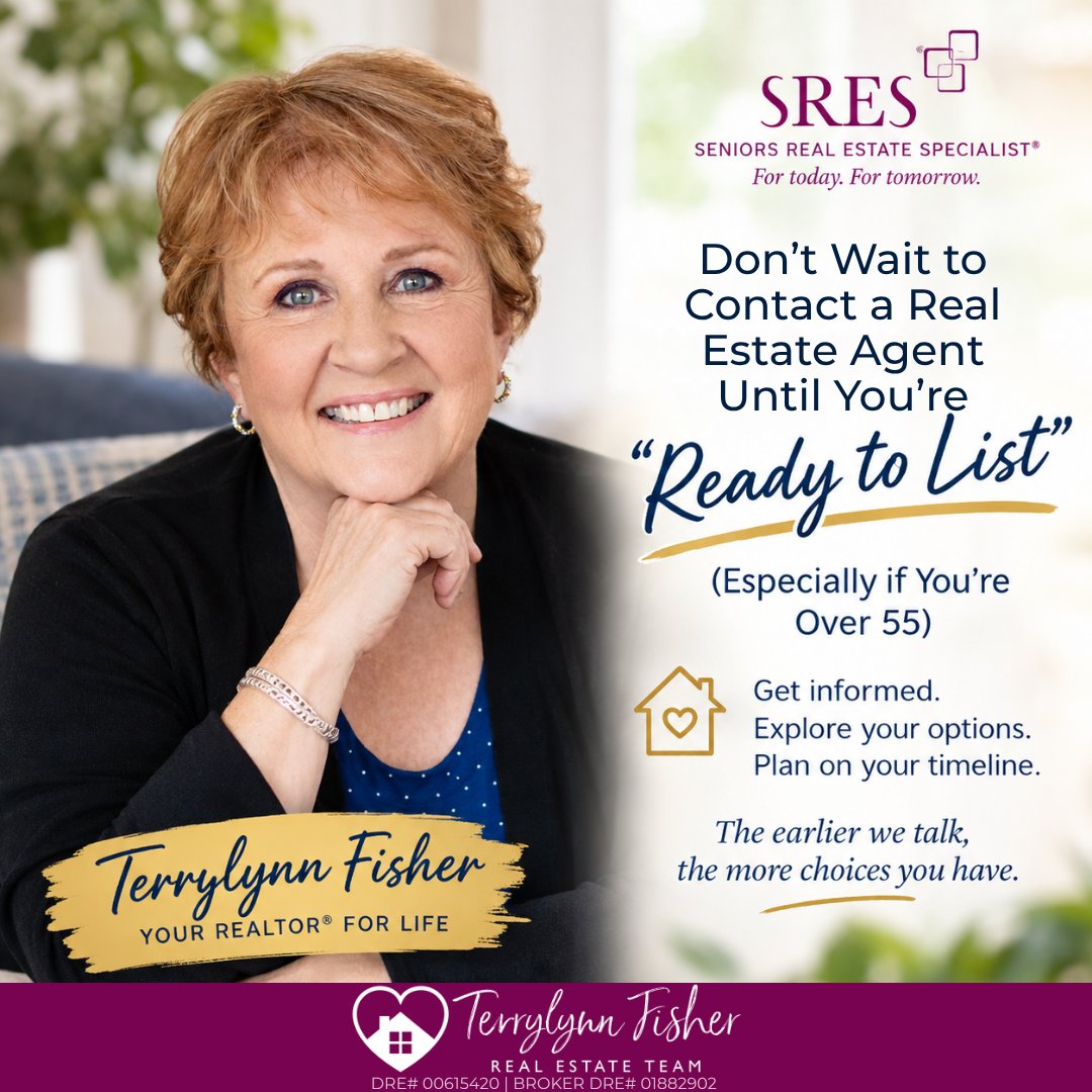 Terrylynn Fisher promotional graphic advising homeowners over 55 to explore their options before listing.