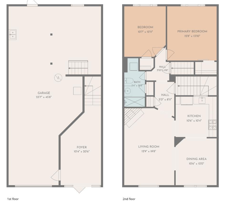 Two-story floor plan showing garage and foyer below, bedrooms, kitchen, living and dining areas above.