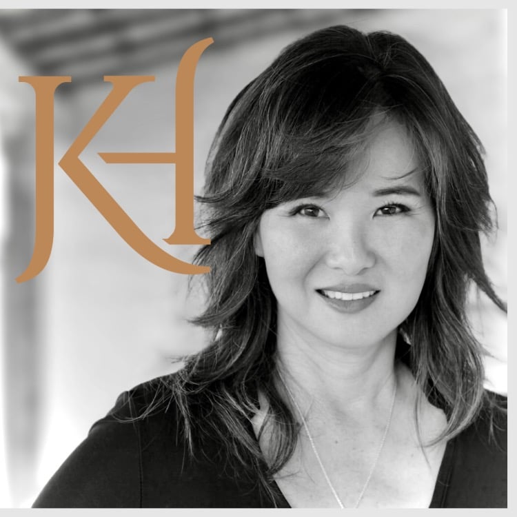 Kathy Henry headshot with a gold KH monogram beside her face.