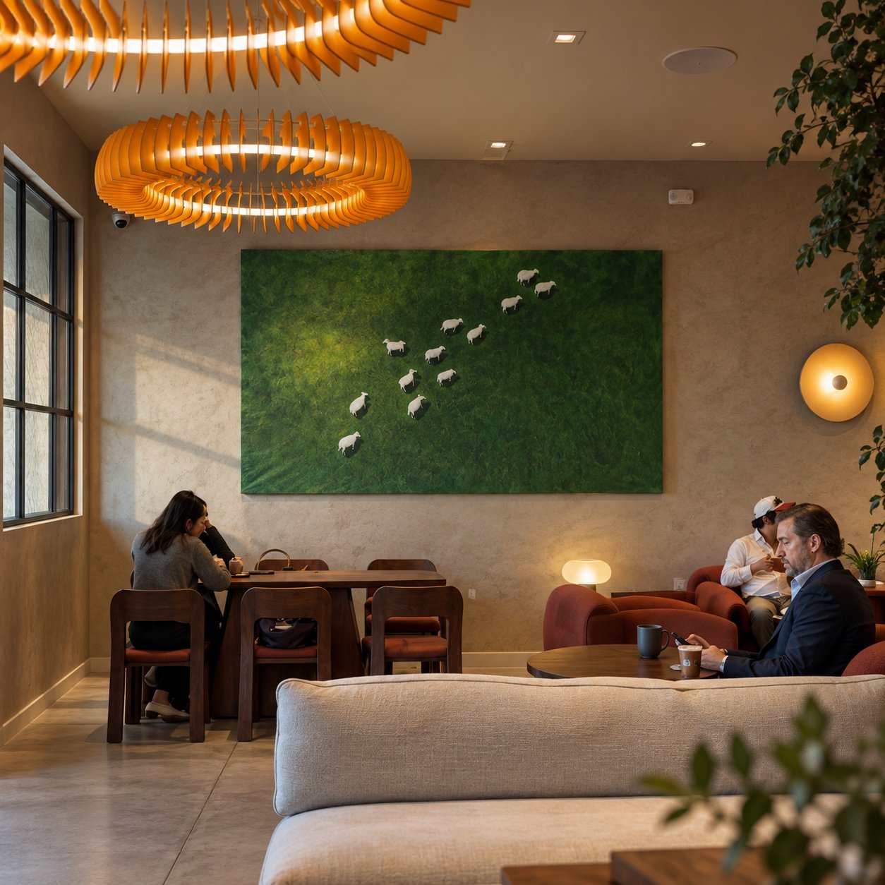 Coffee shop lounge with patrons, orange pendant lights, and sheep artwork on a green wall.