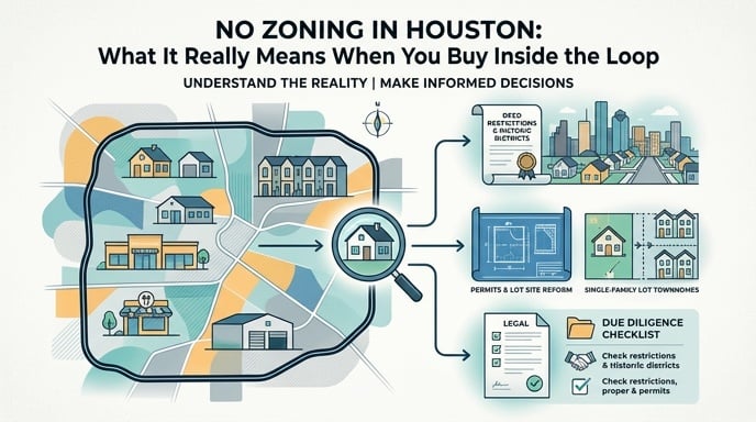 Illustrated map of Houston inner loop showing mixed-use development, deed restrictions, historic districts, permits, lot reform, and due diligence checklist.