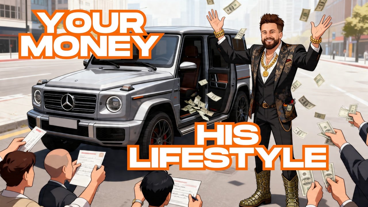 Illustration of a flashy influencer in a suit standing beside a luxury SUV while cash flies around him, as people hand over money and documents, symbolizing a social media-driven investment scam.
