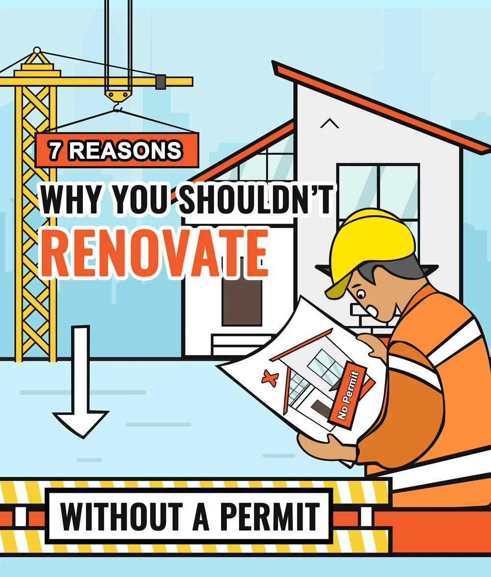 Illustration warning against renovating without a permit, with a worker examining house plans marked “No Permit.”