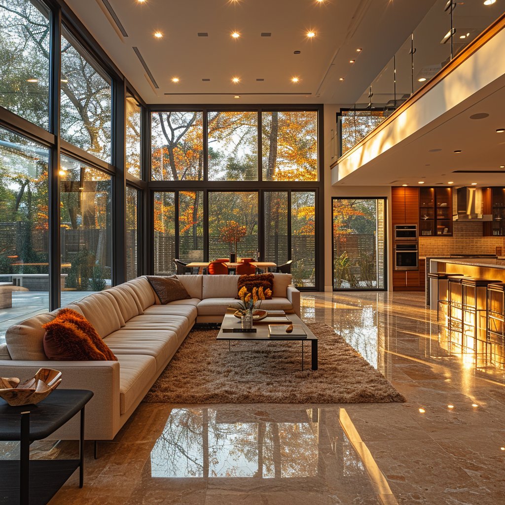 Open living room and kitchen with floor-to-ceiling windows overlooking autumn trees.