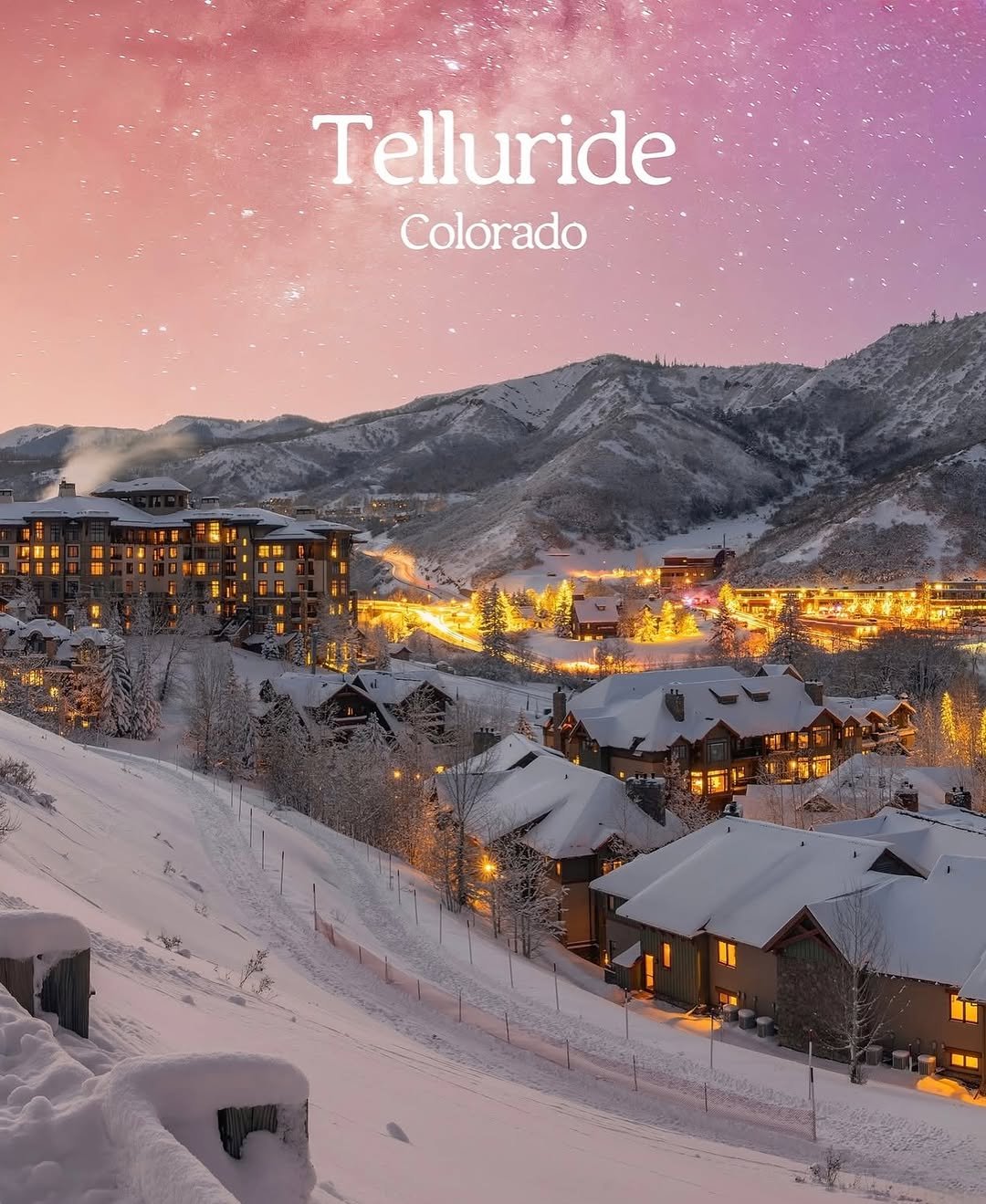 Snow-covered mountain slopes and pine trees with skiers descending at Telluride Ski Resort, Colorado, in winter